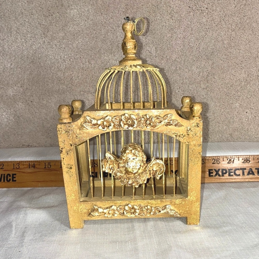Vintage Gold Cherub Angel Birdcage Decorative Ornate Floral Metal Wire Decor